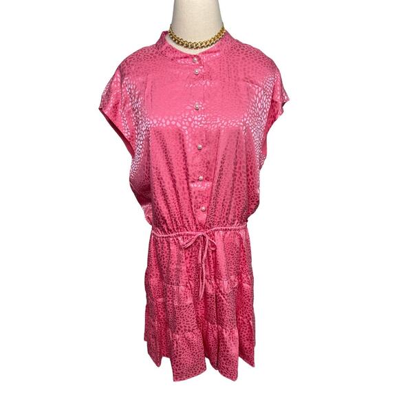 Rebecca Minkoff Ollie flounce dress pink punch animal print pearl button size XL - Picture 2 of 7